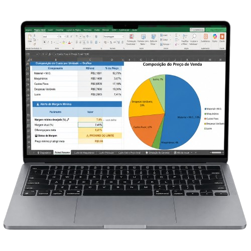 Painel Resumo da Planilha de Precificação de Blocos exibido em um notebook